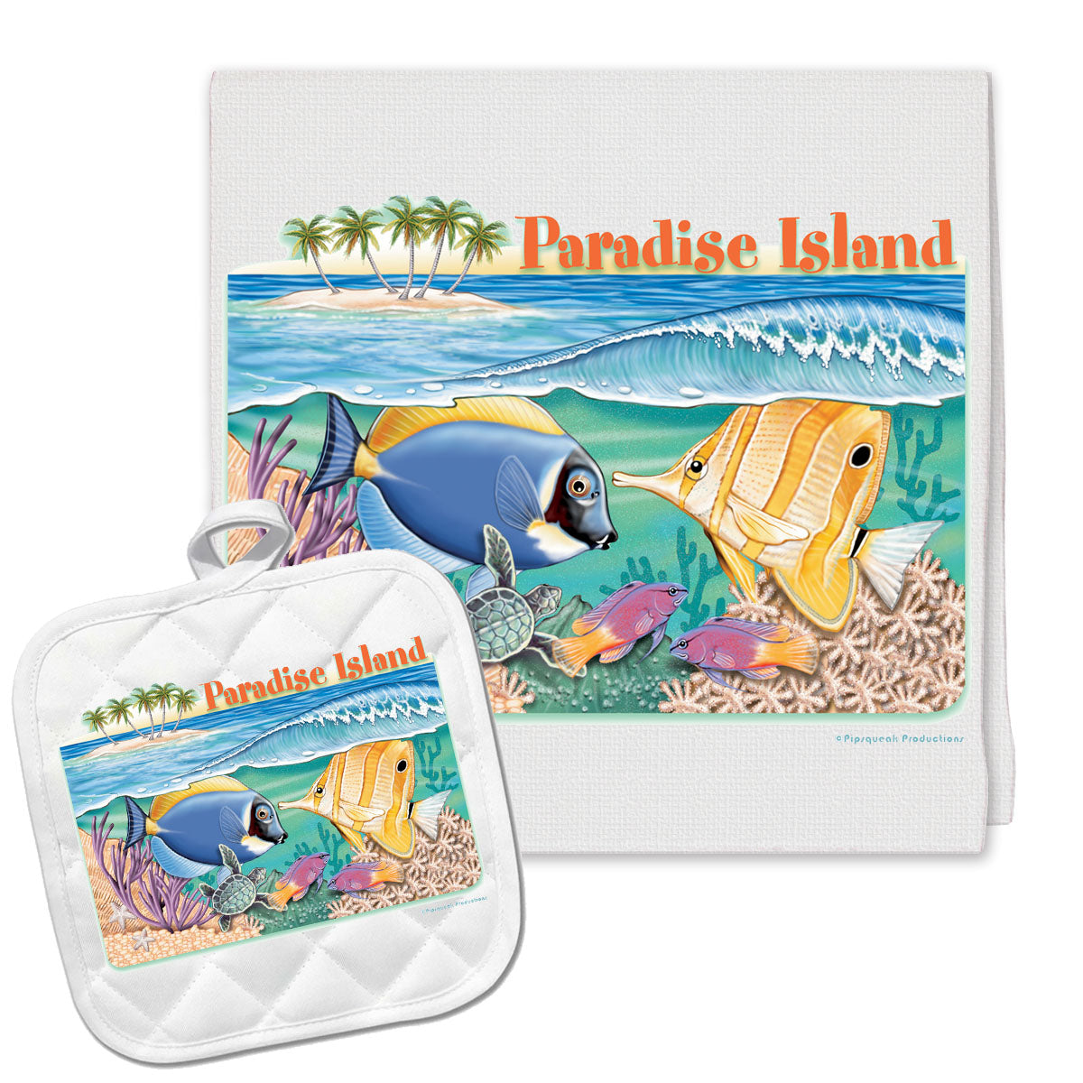 Blue Surgeon and Butterfly Fish Kitchen Dish Towel and Pot Holder Gift Set - Pipsqueakproductions