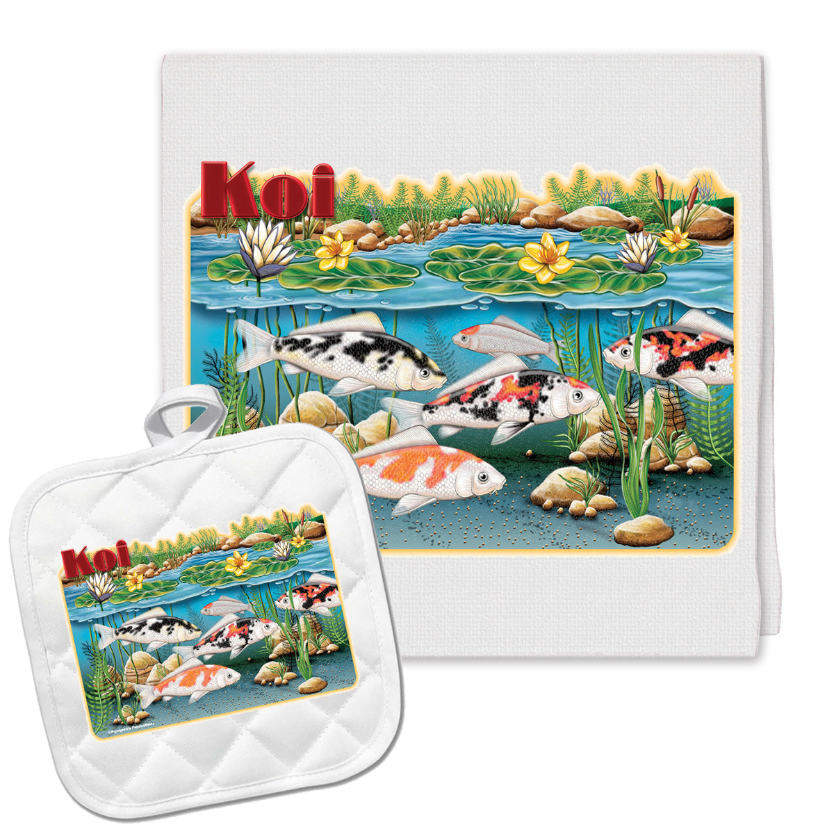 Koi Fish Kitchen Dish Towel and Pot Holder Gift Set - Pipsqueakproductions