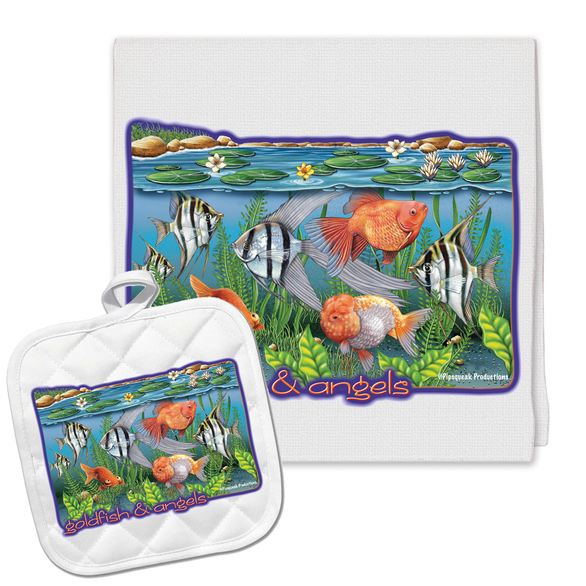 Goldfish and Angelfish Kitchen Dish Towel and Pot Holder Gift Set - Pipsqueakproductions