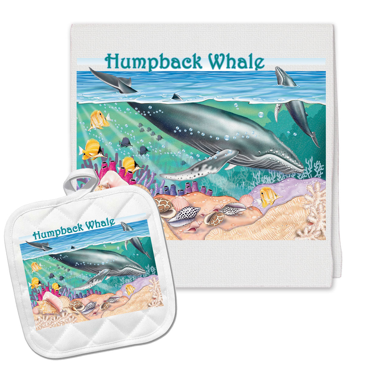 Humpback Whale Kitchen Dish Towel and Pot Holder Gift Set - Pipsqueakproductions
