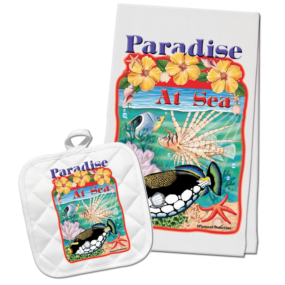 Triggerfish and Spiderfish Kitchen Dish Towel and Pot Holder Gift Set - Pipsqueakproductions
