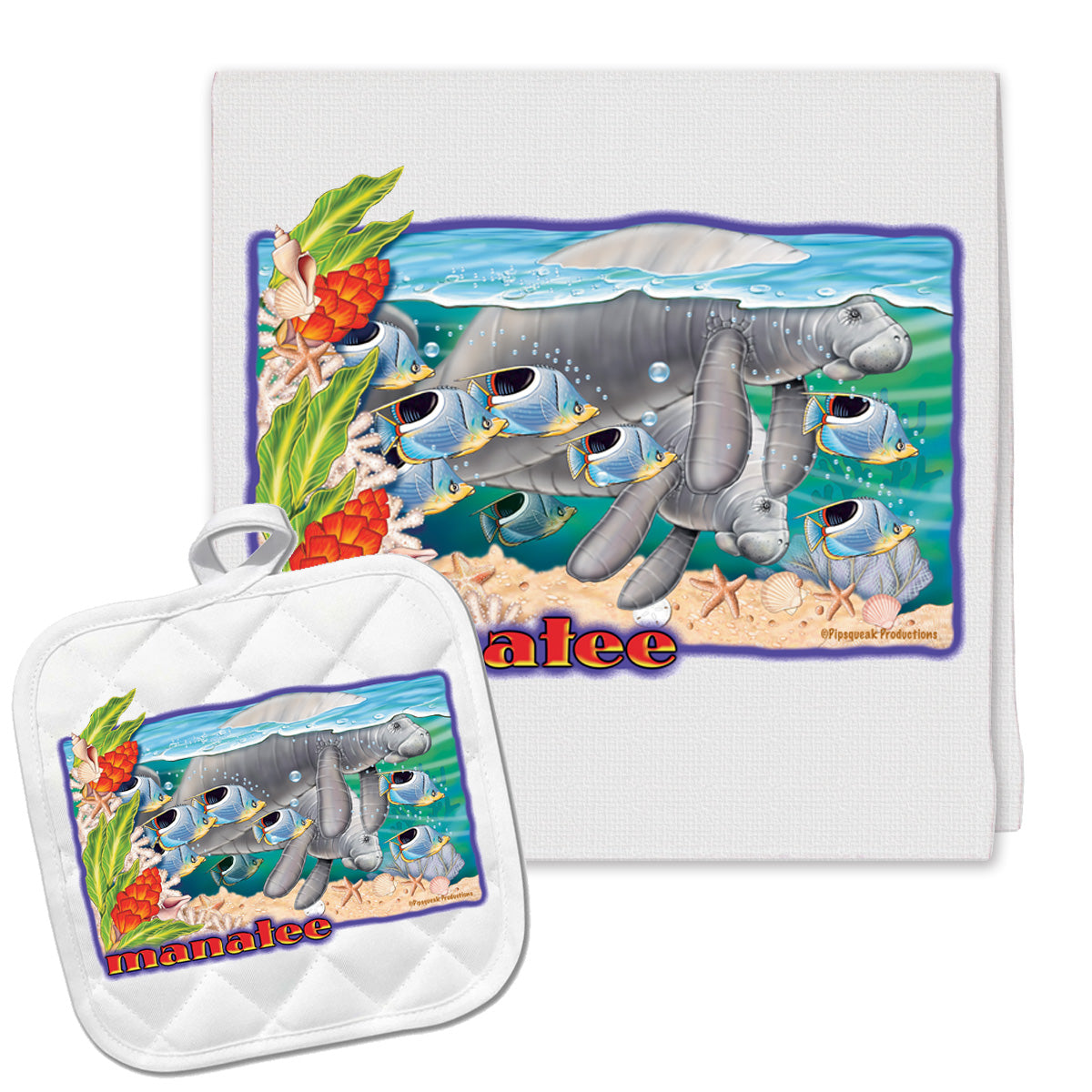Manatee Kitchen Dish Towel and Pot Holder Gift Set - Pipsqueakproductions