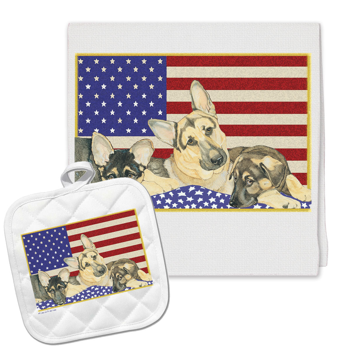 German Shepherd Patriotic Kitchen Dish Towel and Pot Holder Gift Set - Pipsqueakproductions