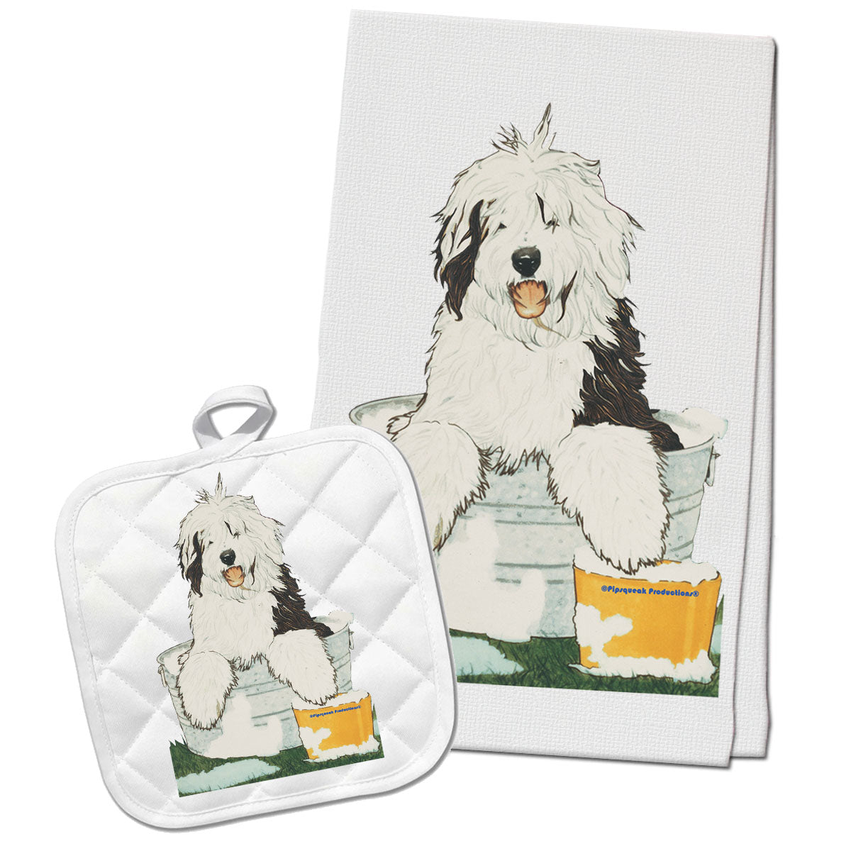 Old English Sheepdog Kitchen Dish Towel and Pot Holder Gift Set - Pipsqueakproductions