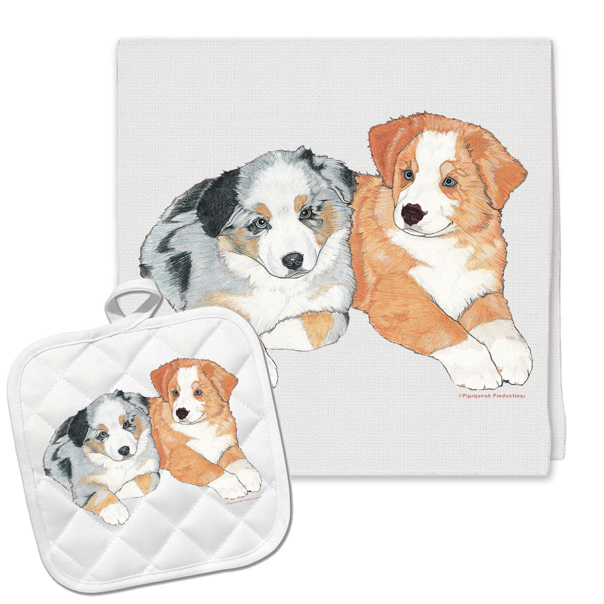 Australian Shepherd Aussie Pups Kitchen Dish Towel and Pot Holder Gift Set - Pipsqueakproductions