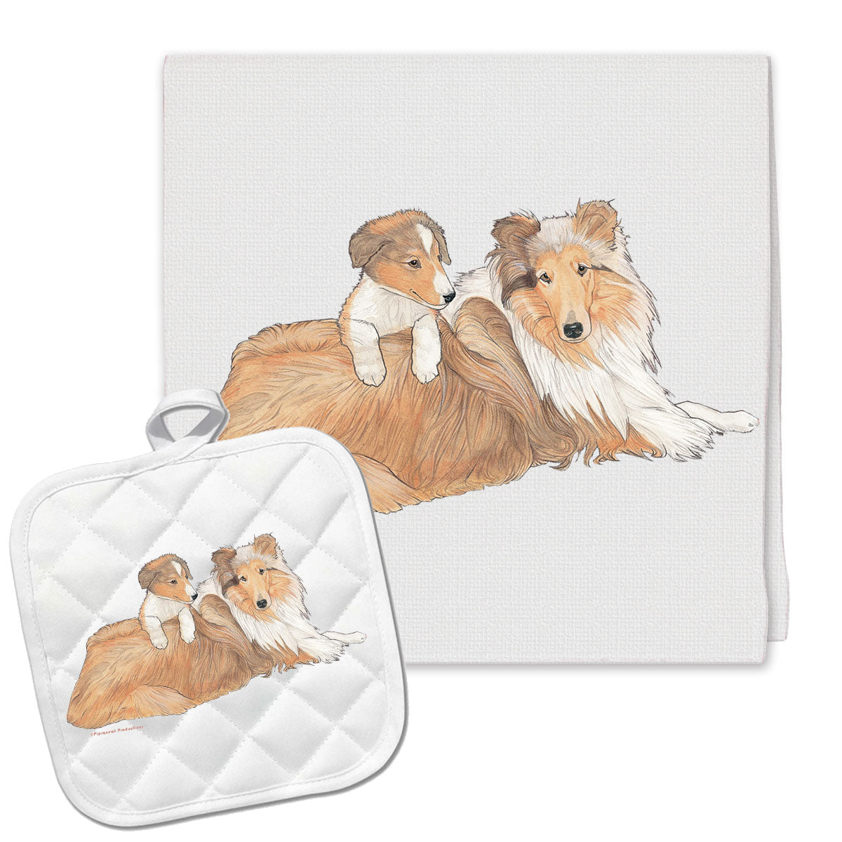 Collie Kitchen Dish Towel and Pot Holder Gift Set - Pipsqueakproductions