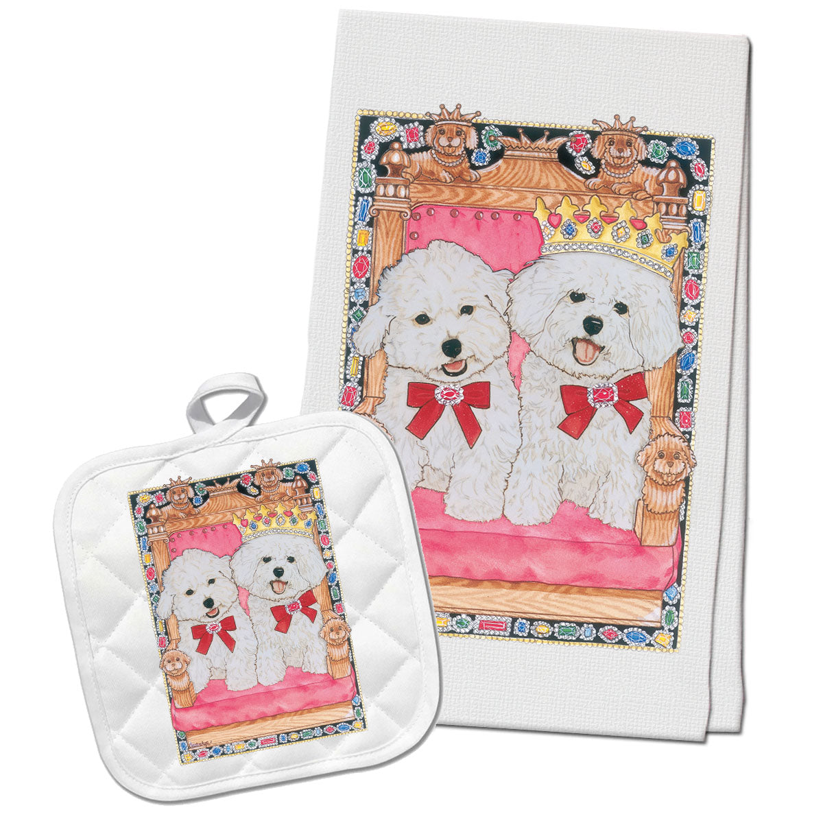 Bichon Frise Royalties Kitchen Dish Towel and Pot Holder Gift Set - Pipsqueakproductions
