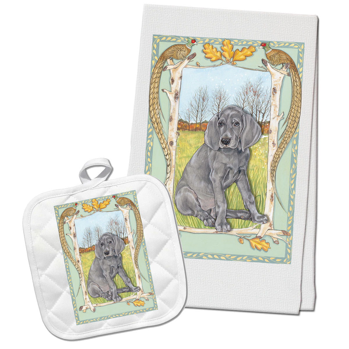 Weimaraner Kitchen Dish Towel and Pot Holder Gift Set - Pipsqueakproductions