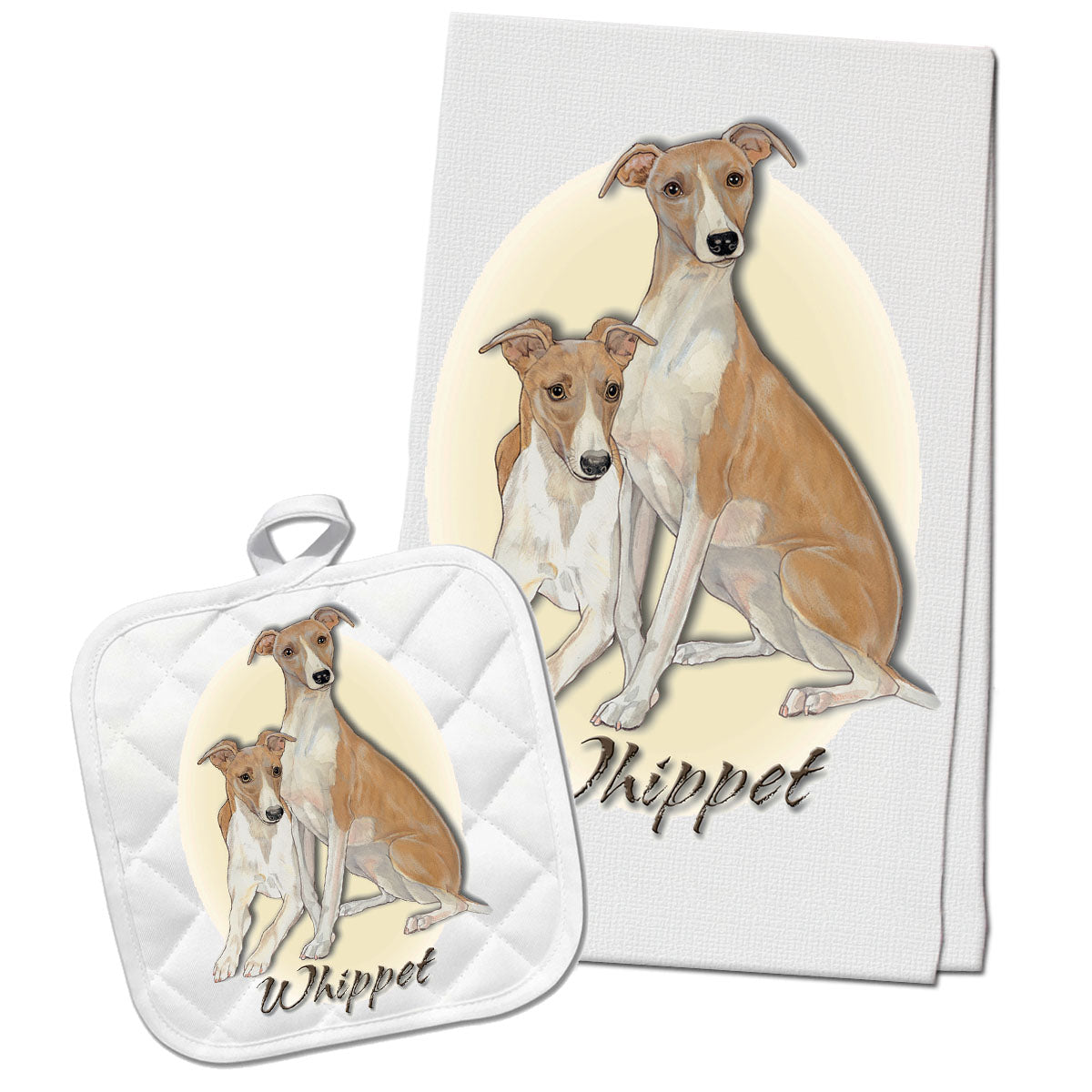 Whippet Kitchen Dish Towel and Pot Holder Gift Set - Pipsqueakproductions