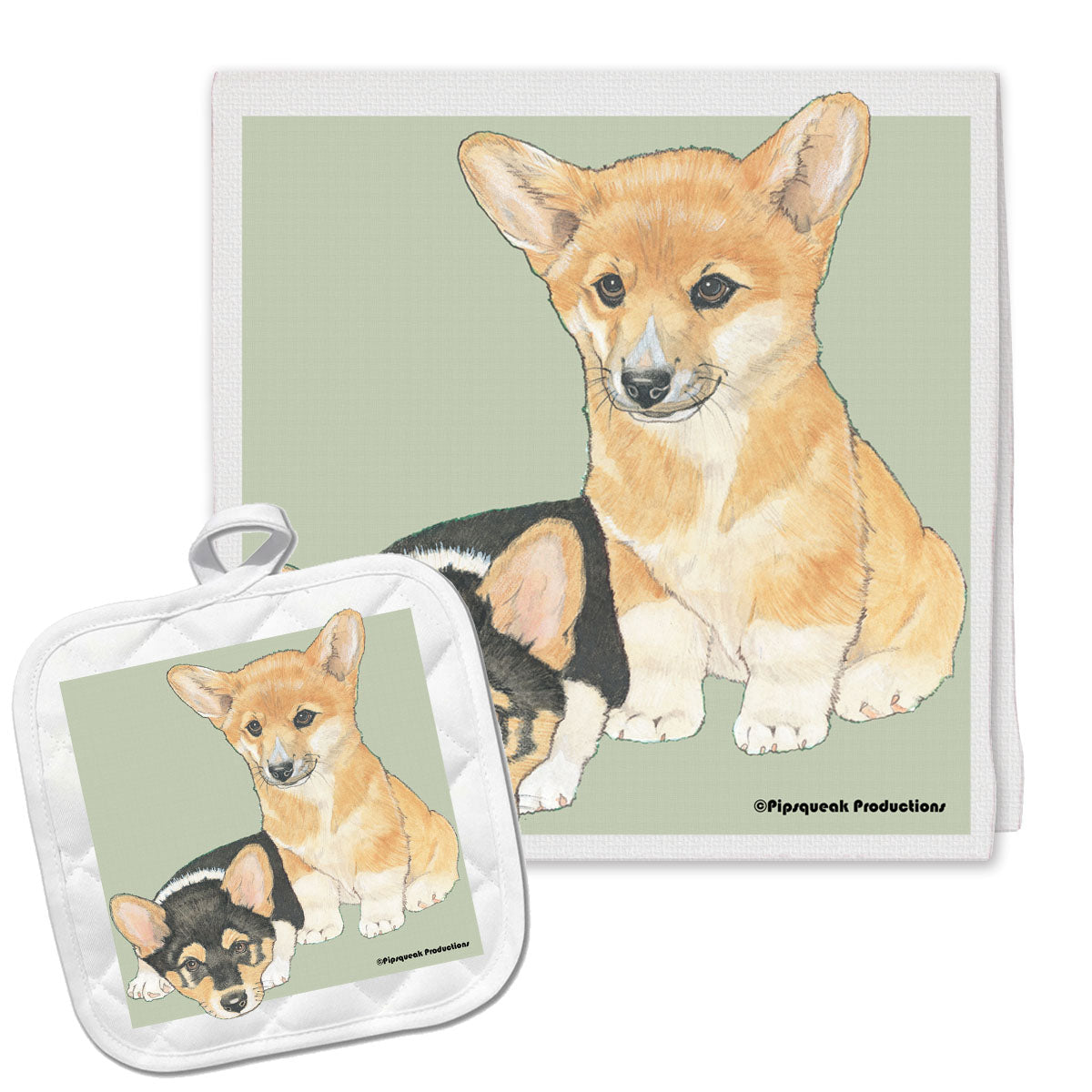 Corgi Welsh Pembroke Kitchen Dish Towel and Pot Holder Gift Set - Pipsqueakproductions