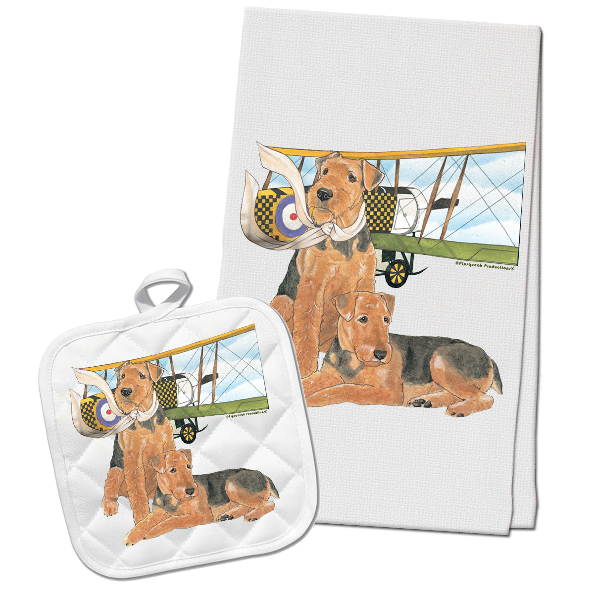 Airedale Kitchen Dish Towel and Pot Holder Gift Set - Pipsqueakproductions