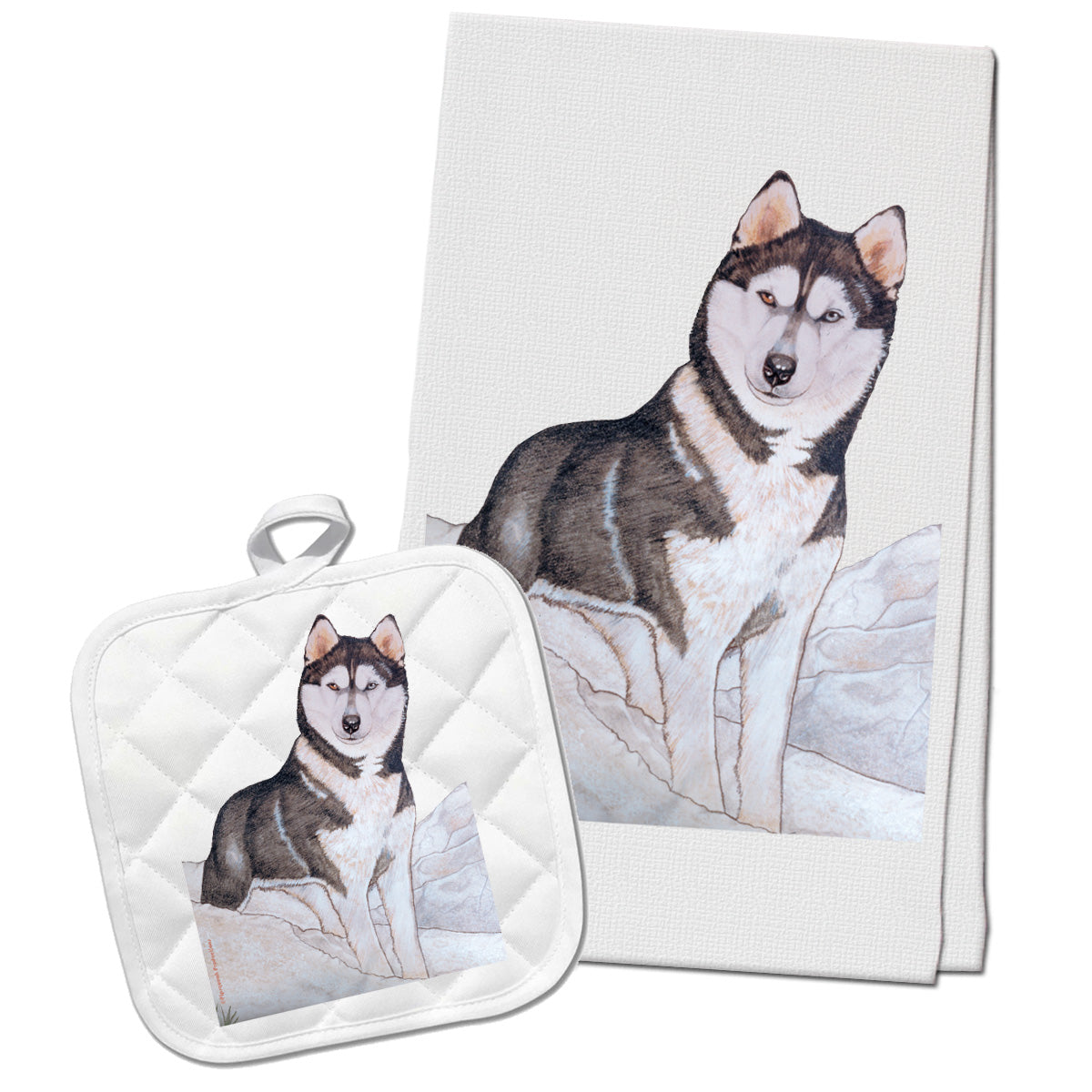 Siberian Husky Kitchen Dish Towel and Pot Holder Gift Set - Pipsqueakproductions