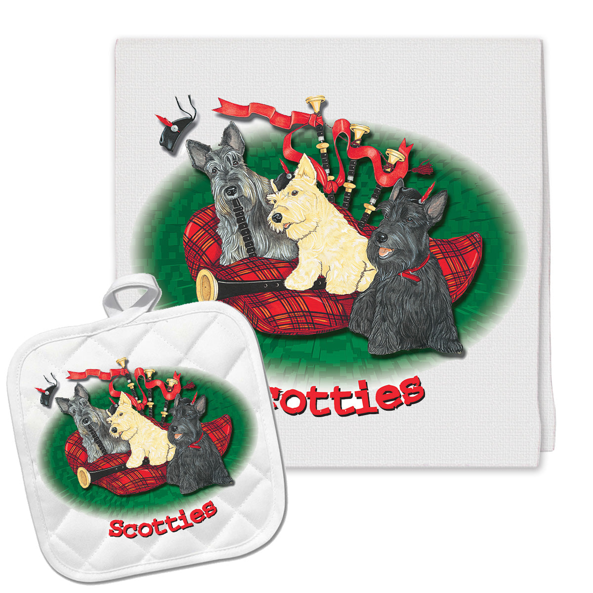 Scottish Terrier Scottie Kitchen Dish Towel and Pot Holder Gift Set - Pipsqueakproductions