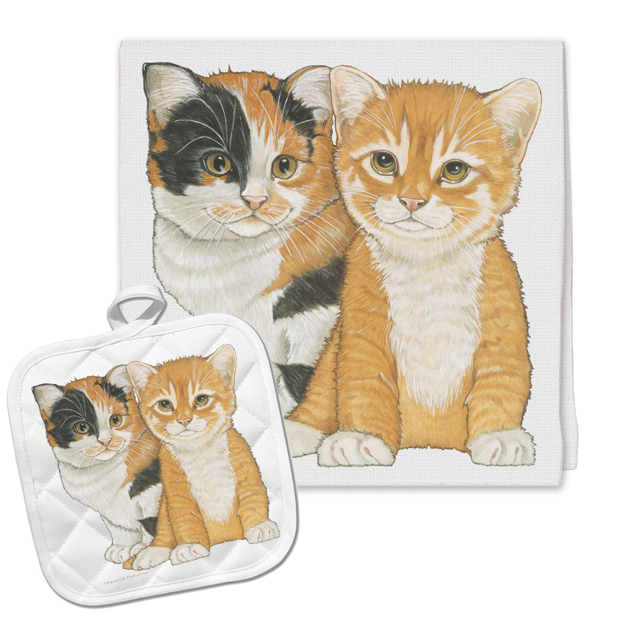 Cat Calico and Tabby Couple Kitchen Dish Towel and Pot Holder Gift Set - Pipsqueakproductions