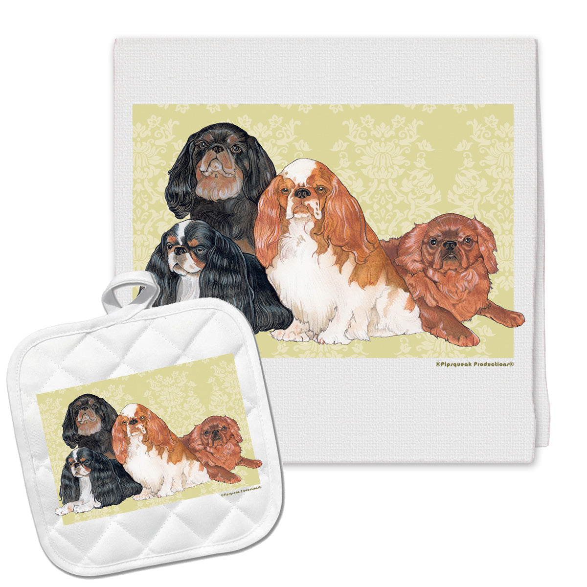 English Toy Spaniel Kitchen Dish Towel and Pot Holder Gift Set - Pipsqueakproductions