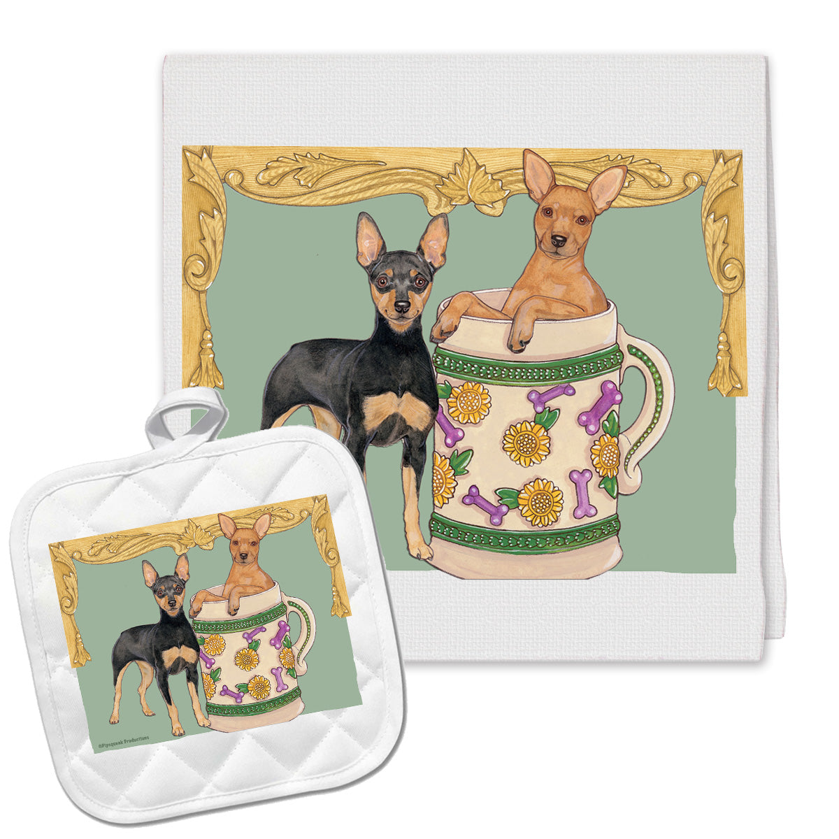 Miniature Pinscher Min Pin Kitchen Dish Towel and Pot Holder Gift Set - Pipsqueakproductions