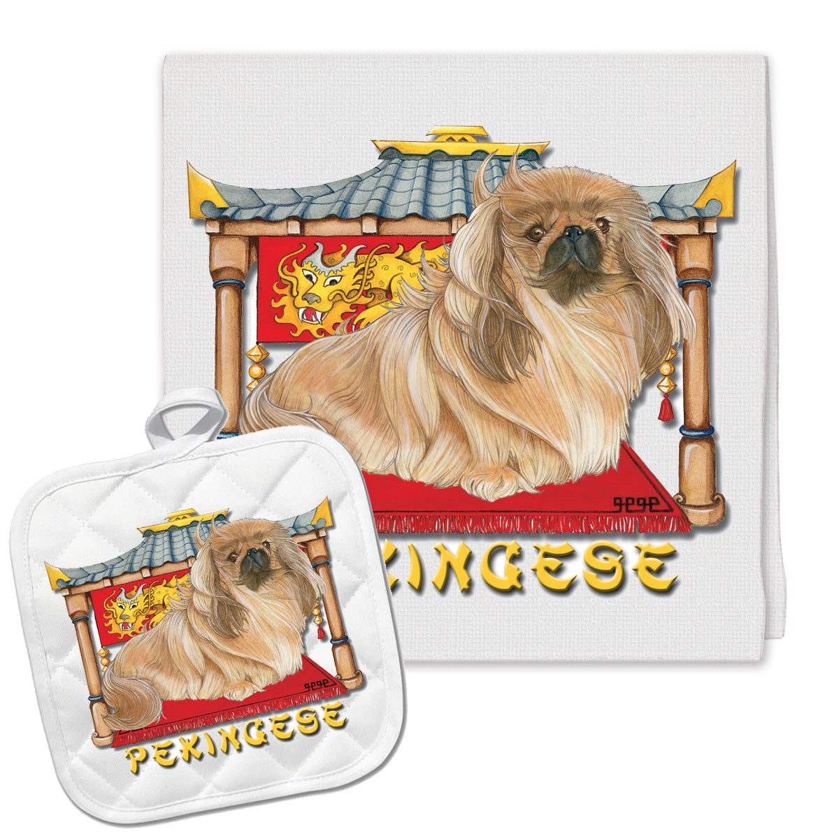 Pekingese Kitchen Dish Towel and Pot Holder Gift Set - Pipsqueakproductions