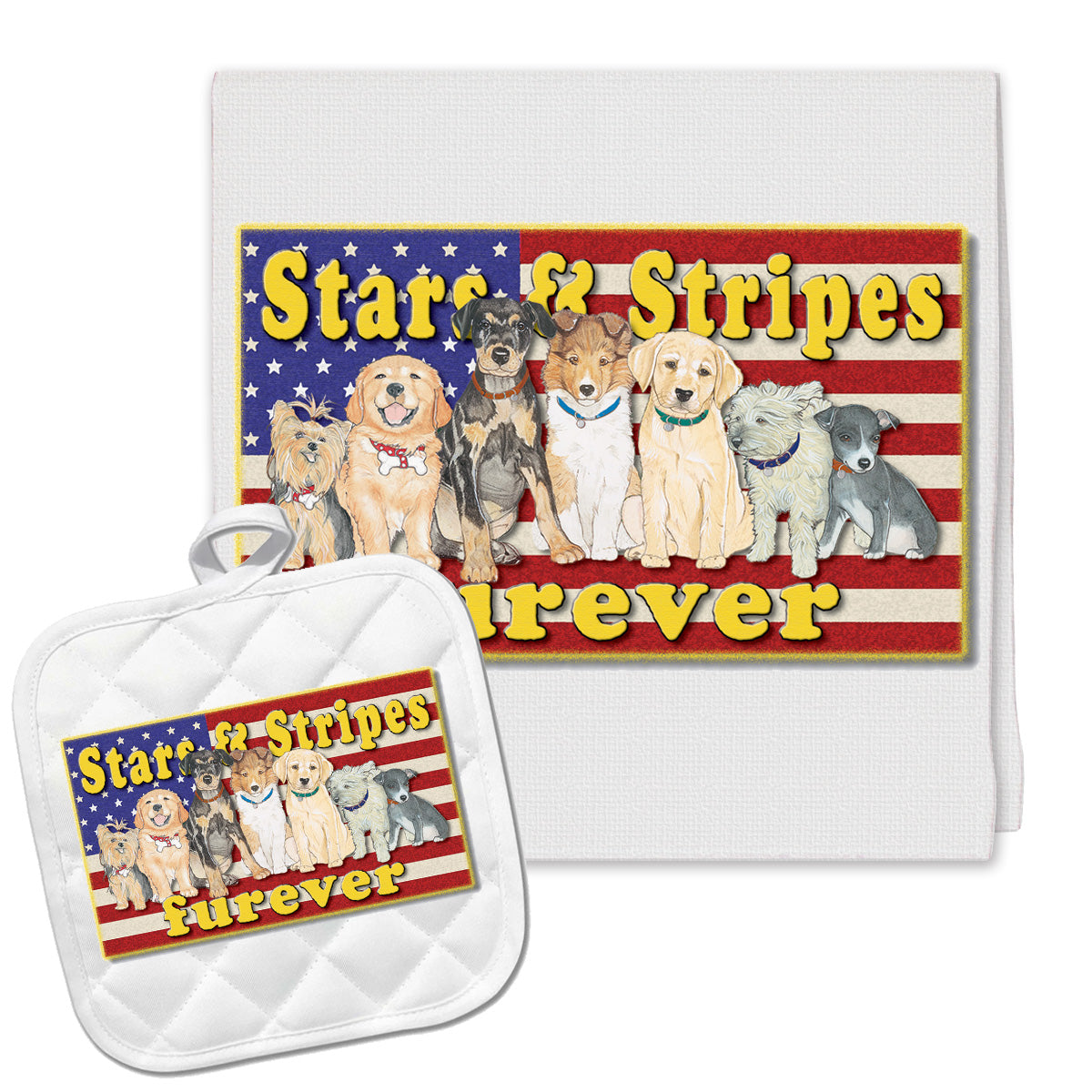 Dogs Patriotic Kitchen Dish Towel and Pot Holder Gift Set - Pipsqueakproductions