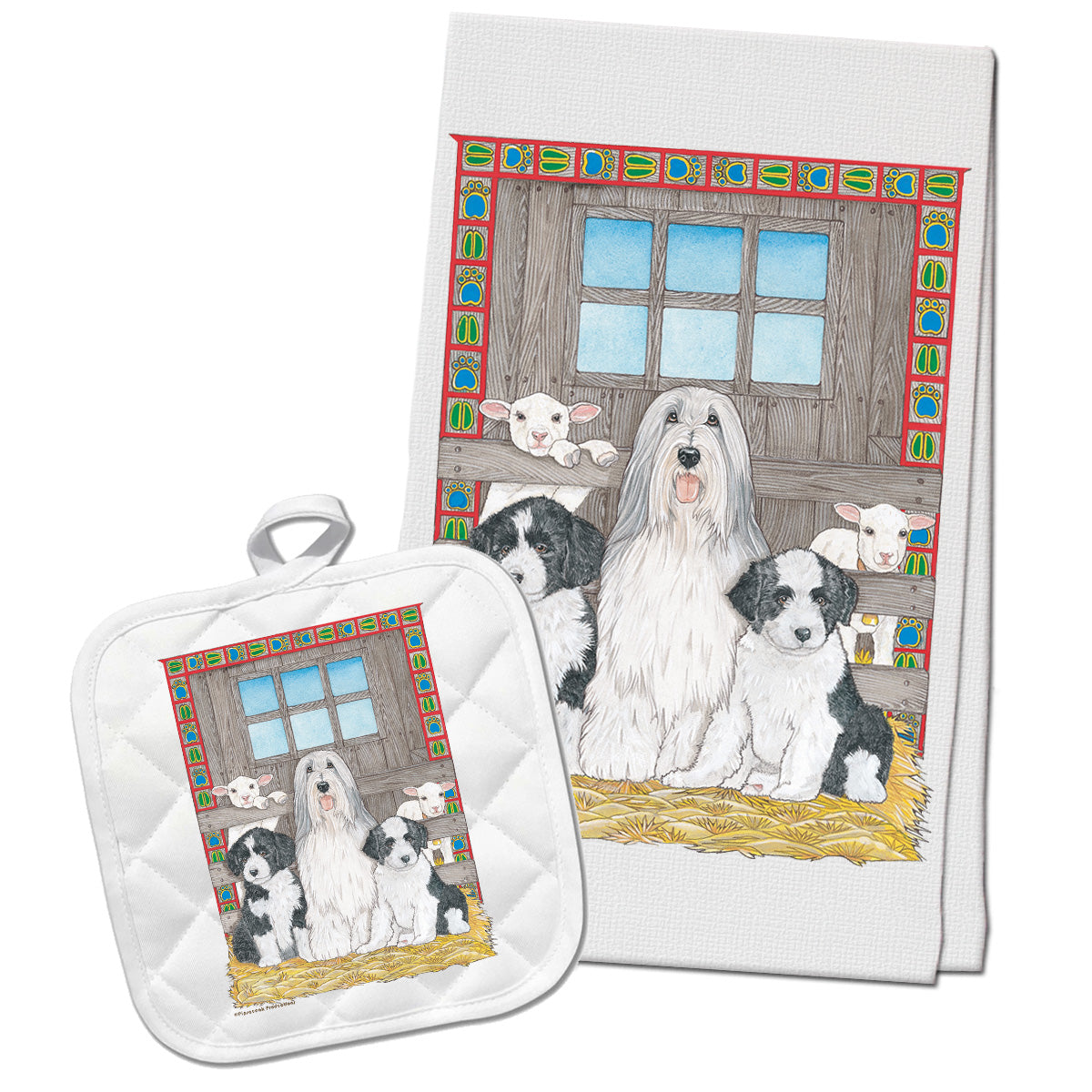 Bearded Collie Kitchen Dish Towel and Pot Holder Gift Set - Pipsqueakproductions