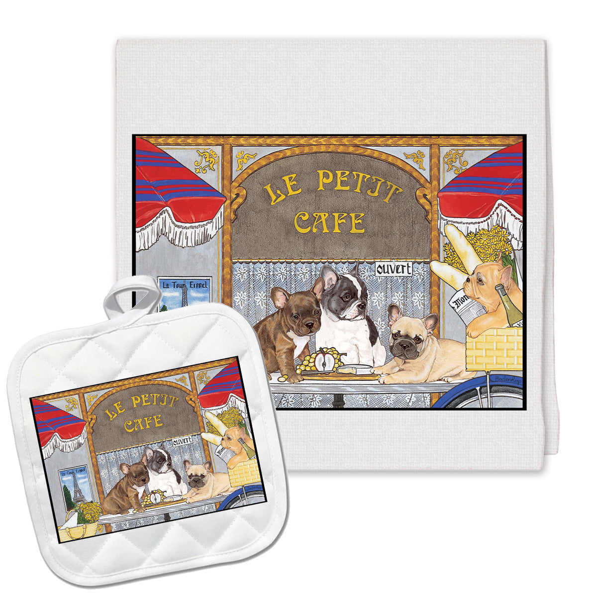 French Bulldog Frenchie Kitchen Dish Towel and Pot Holder Gift Set - Pipsqueakproductions