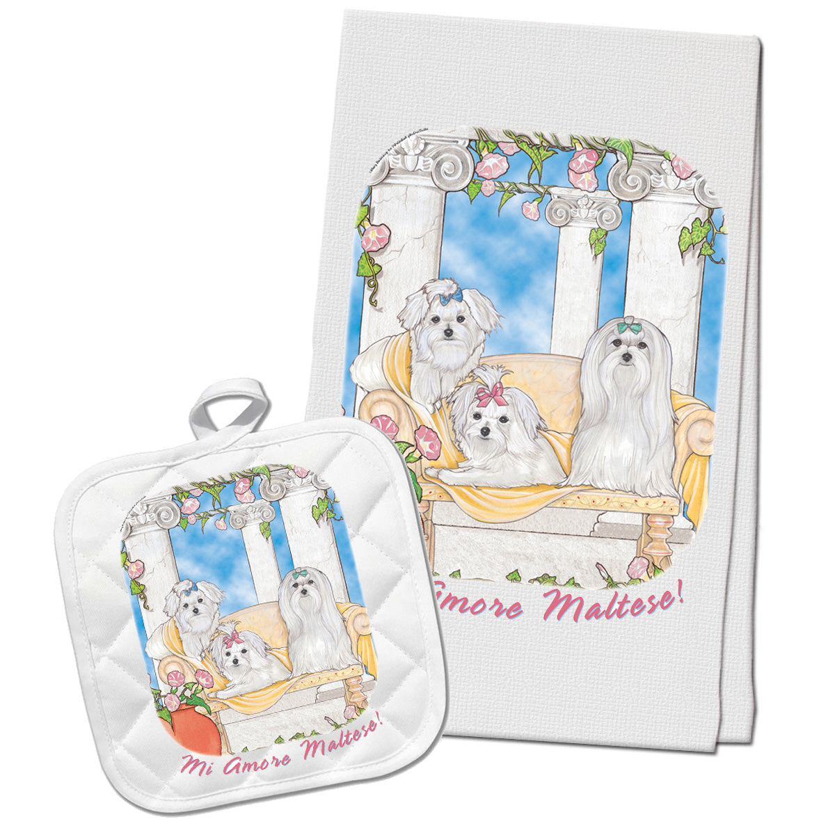 Maltese Kitchen Dish Towel and Pot Holder Gift Set - Pipsqueakproductions