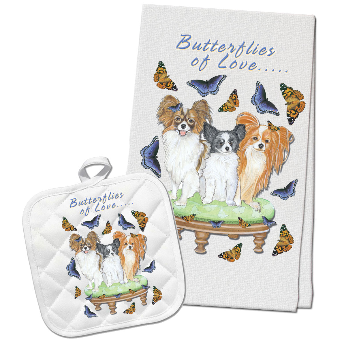 Papillon Kitchen Dish Towel and Pot Holder Gift Set - Pipsqueakproductions