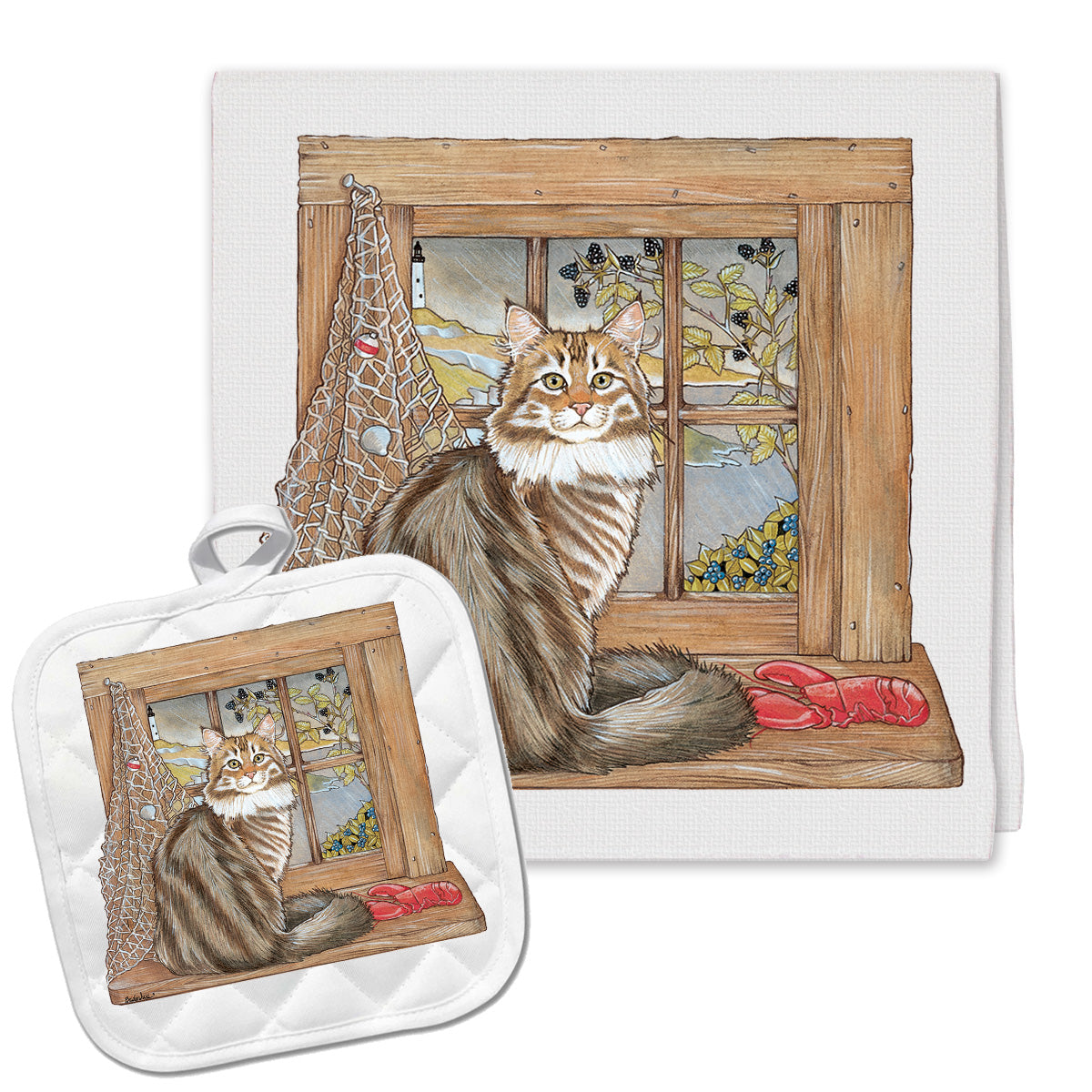 Maine Coon Cat Kitchen Dish Towel and Pot Holder Gift Set - Pipsqueakproductions