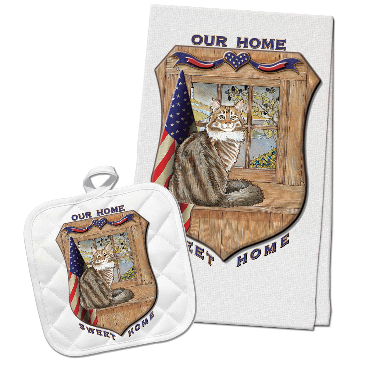 Maine Coon Cat Patriotic Dish Towel and Pot Holder Set - Pipsqueakproductions