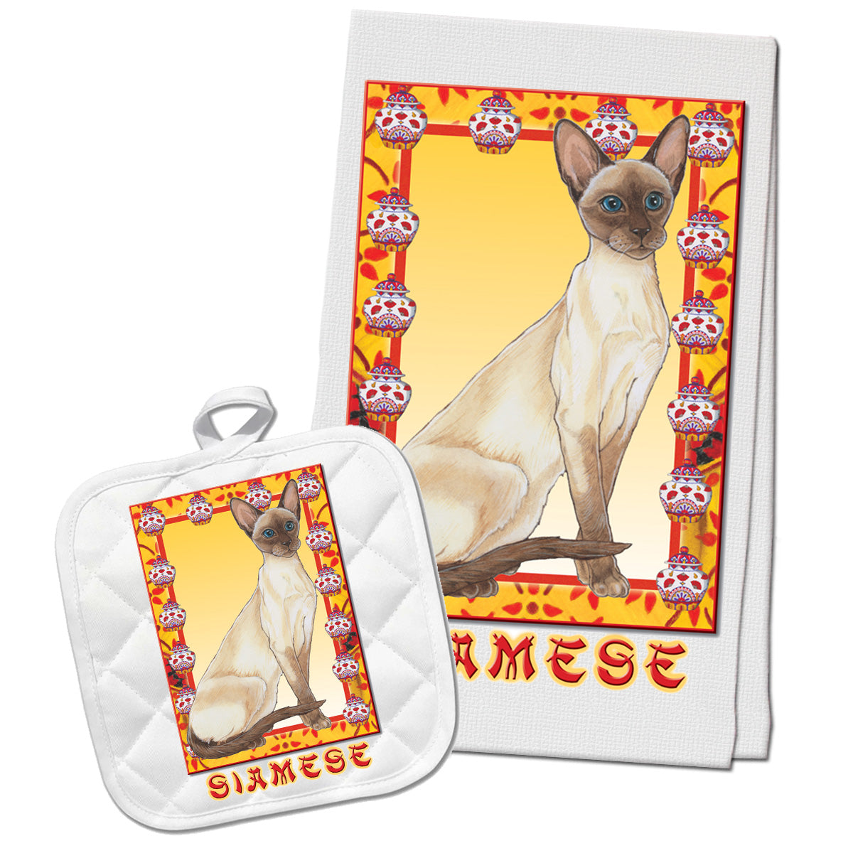 Siamese Cat Kitchen Dish Towel and Pot Holder Gift Set - Pipsqueakproductions