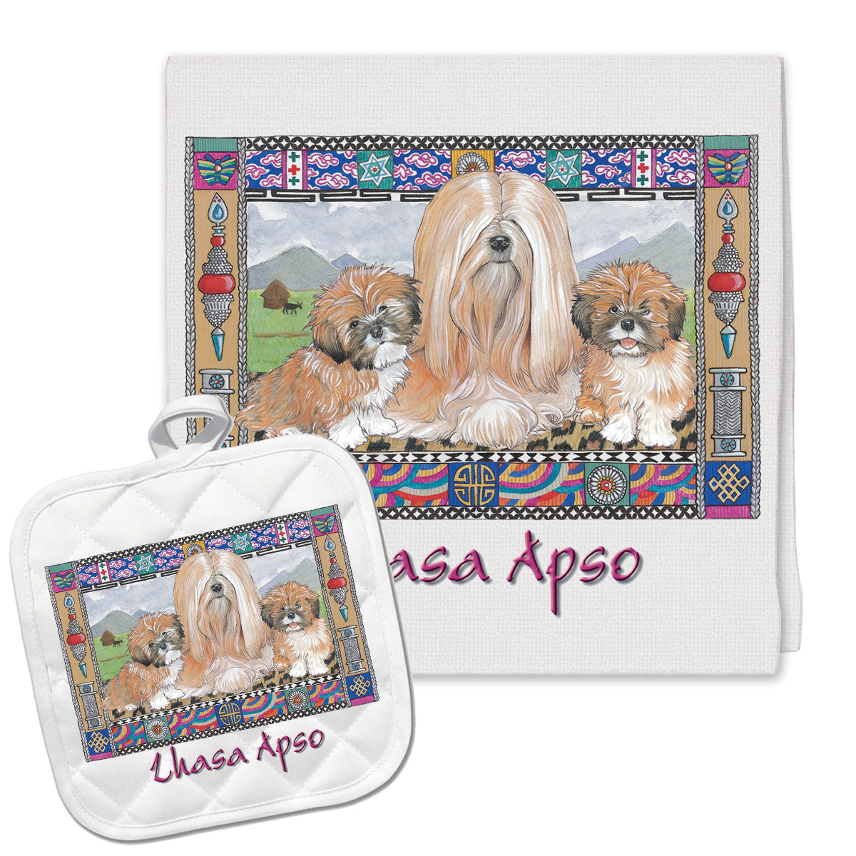 Lhasa Apso Kitchen Dish Towel and Pot Holder Gift Set - Pipsqueakproductions