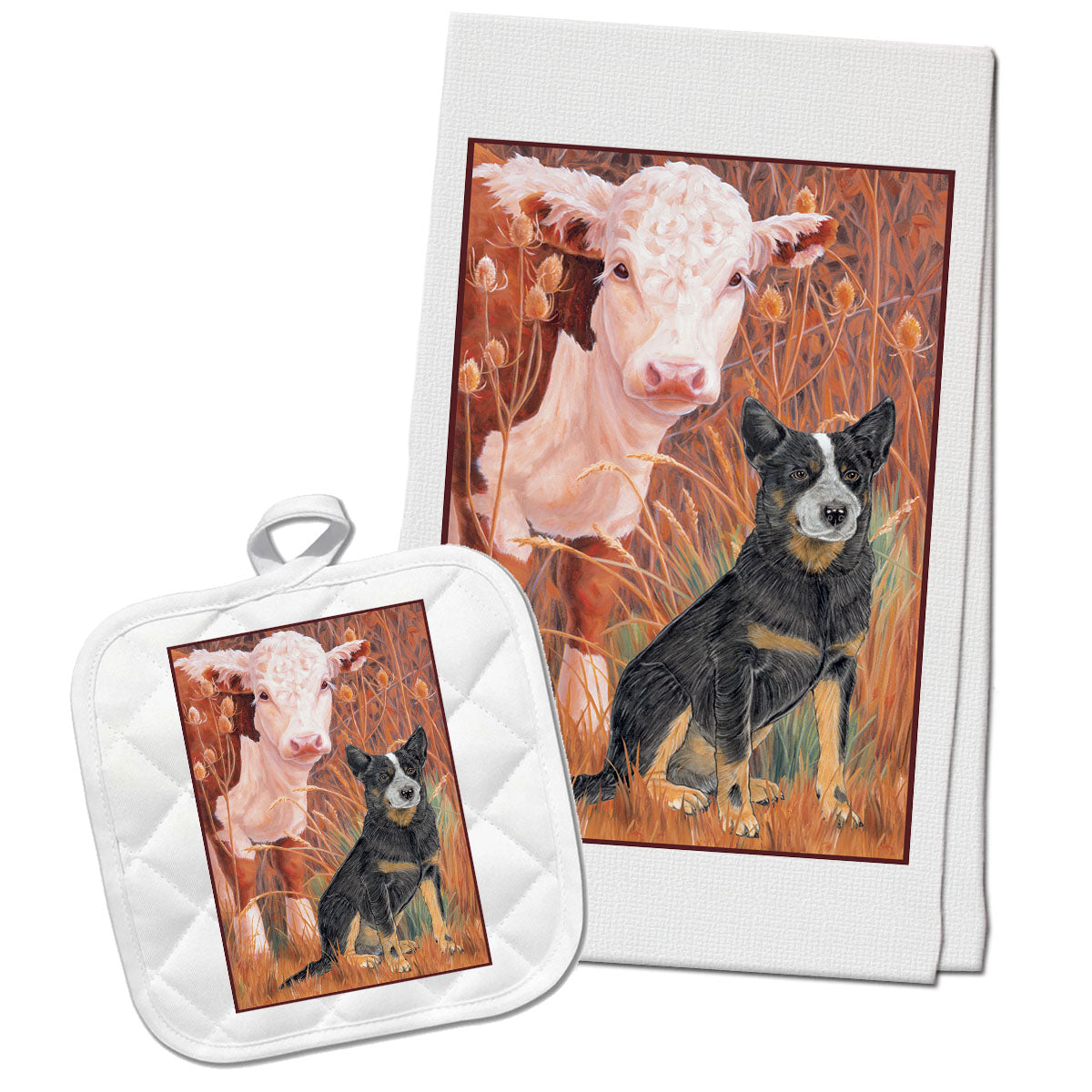 Australian Cattle Dog with Hereford Cow Kitchen Dish Towel and Pot Holder Gift Set - Pipsqueakproductions