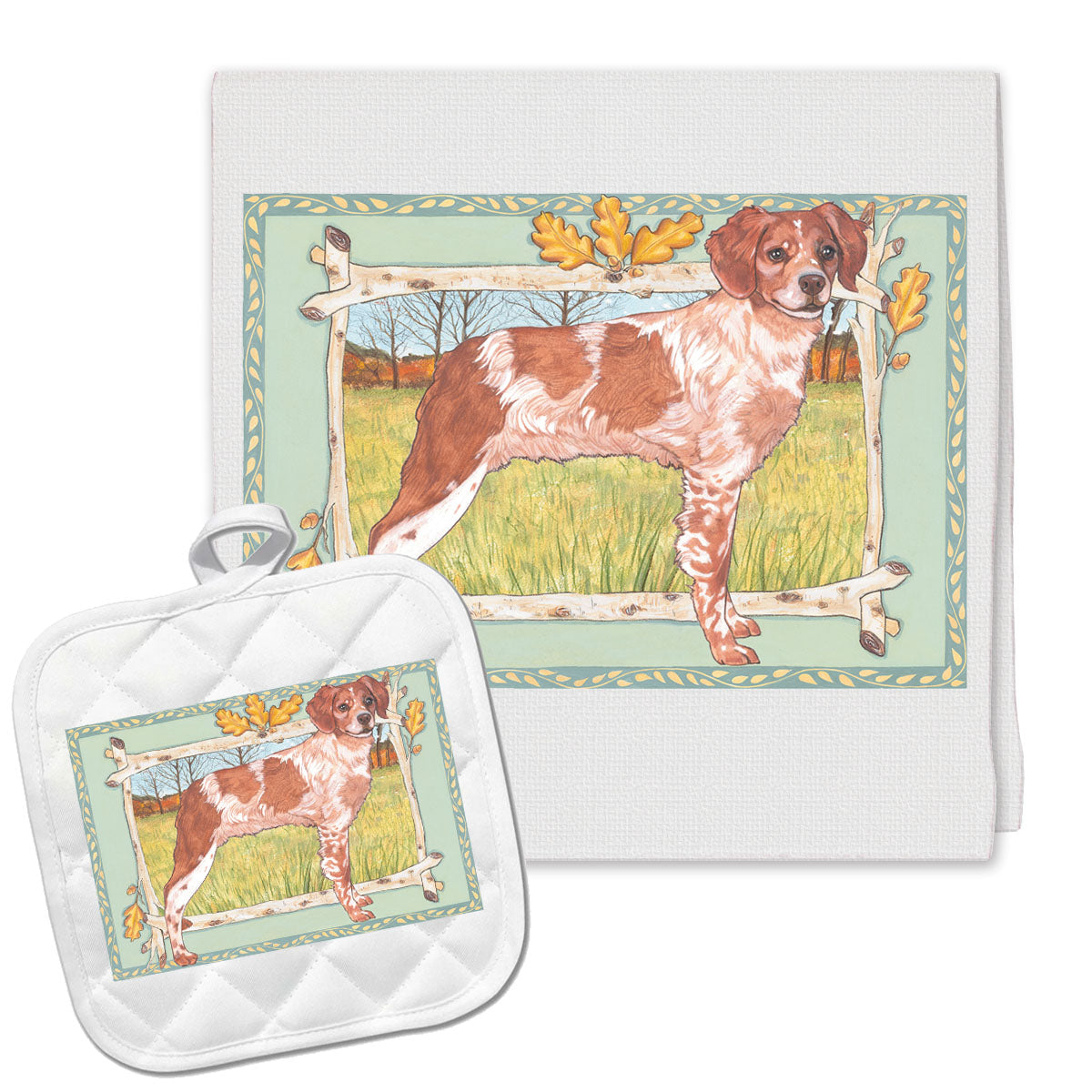 Brittany Spaniel Kitchen Dish Towel and Pot Holder Gift Set - Pipsqueakproductions