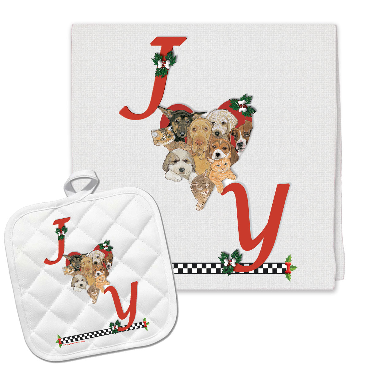 Dog with Cat Holiday Heart Christmas Kitchen Towel and Pot Holder Gift Set - Pipsqueakproductions