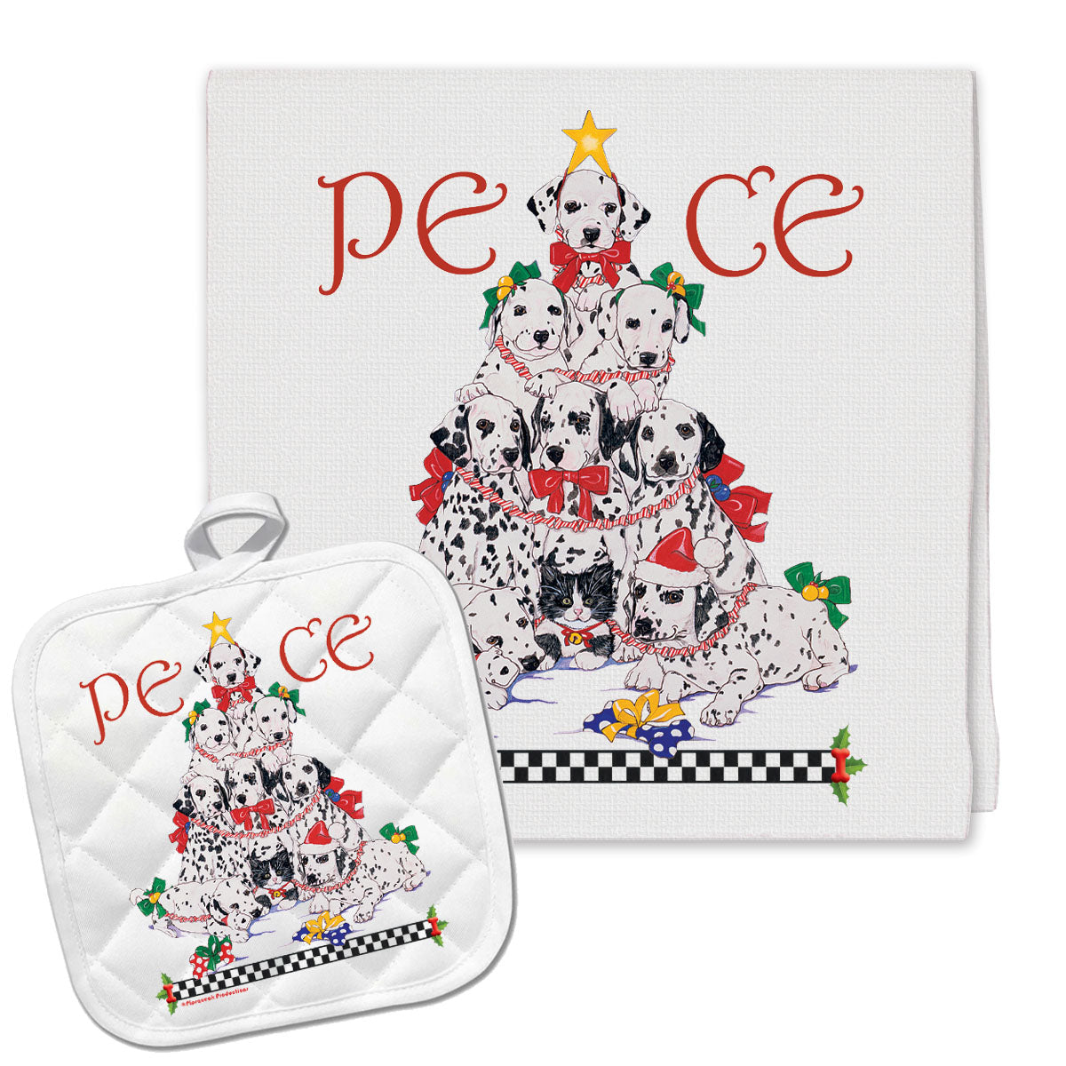 Dalmatian Peace Tree Christmas Kitchen Towel and Pot Holder Gift Set - Pipsqueakproductions