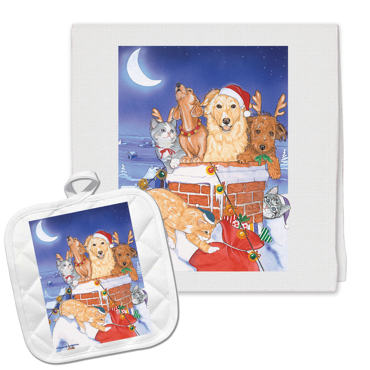 Dog with Cat Holiday Kitchen Towel and Pot Holder Gift Set - Pipsqueakproductions