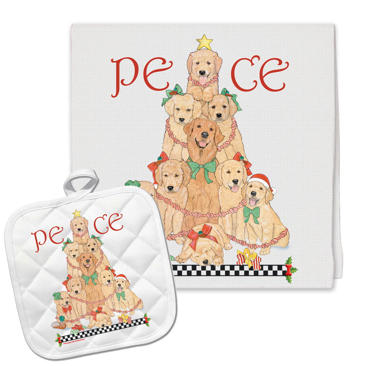 Golden Retriever Peace Tree Christmas Kitchen Towel and Pot Holder Gift Set - Pipsqueakproductions