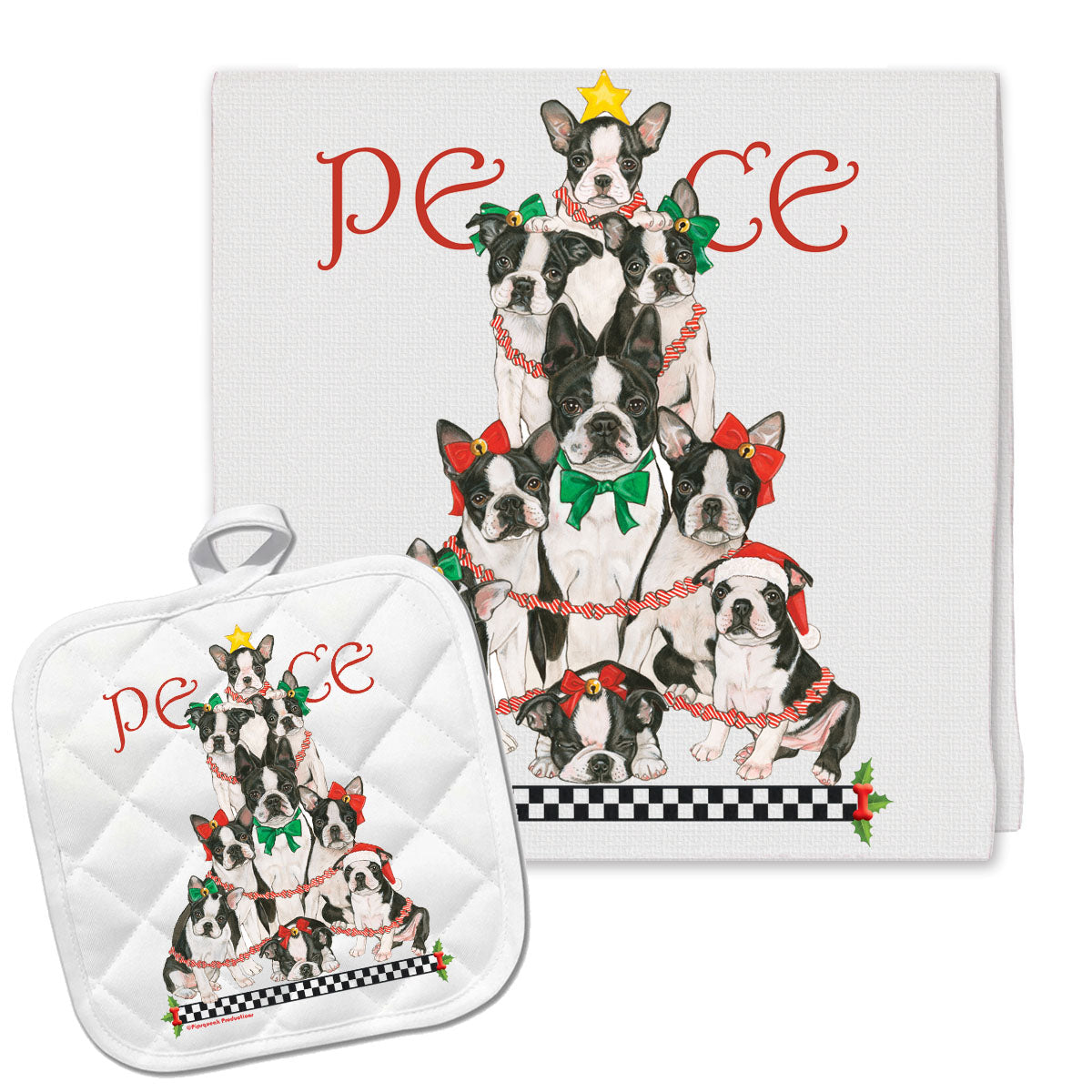 Boston Terrier Peace Tree Christmas Kitchen Towel and Pot Holder Gift Set - Pipsqueakproductions