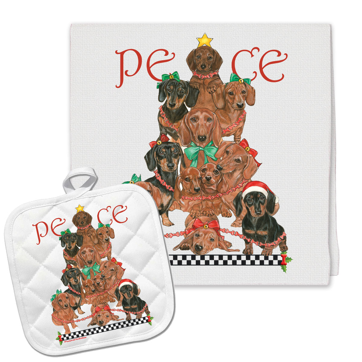 Dachshund Peace Tree Christmas Kitchen Towel and Pot Holder Gift Set - Pipsqueakproductions