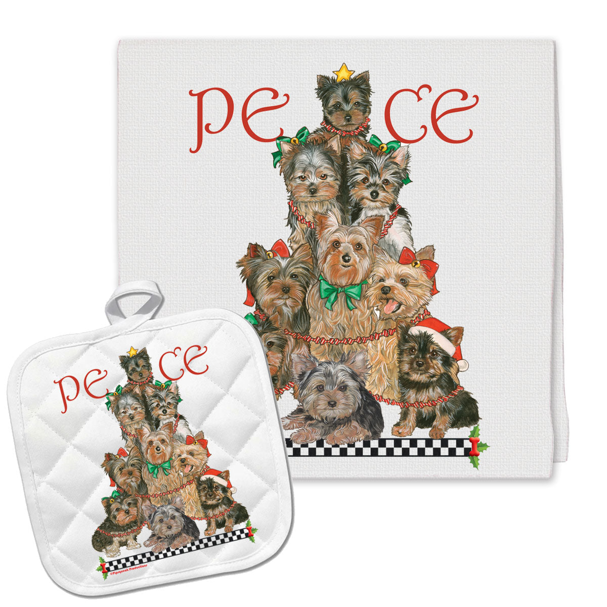 Yorkie Peace Tree Christmas Kitchen Towel and Pot Holder Gift Set - Pipsqueakproductions