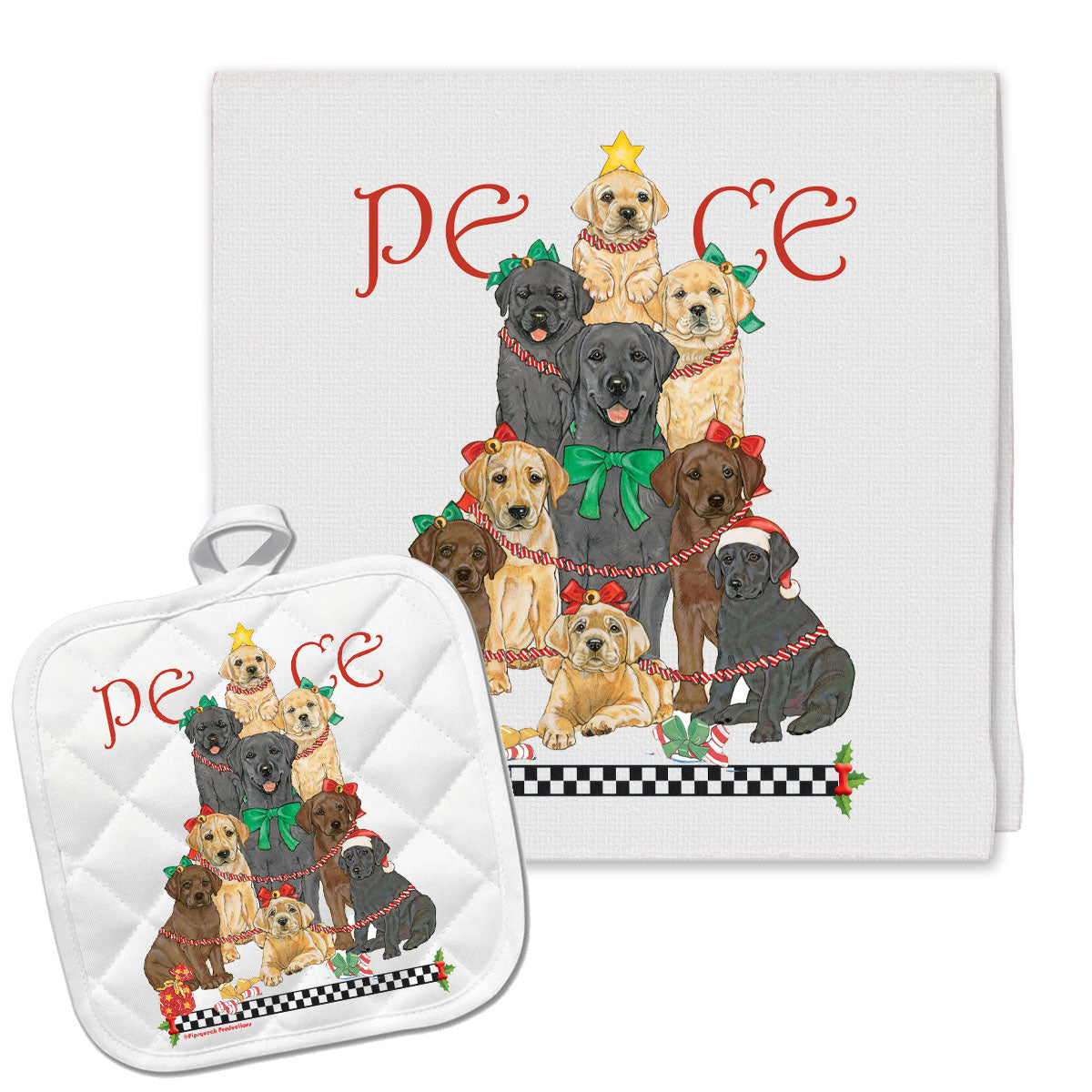Labrador Retrievers Peace Tree Christmas Kitchen Towel and Pot Holder Gift Set - Pipsqueakproductions