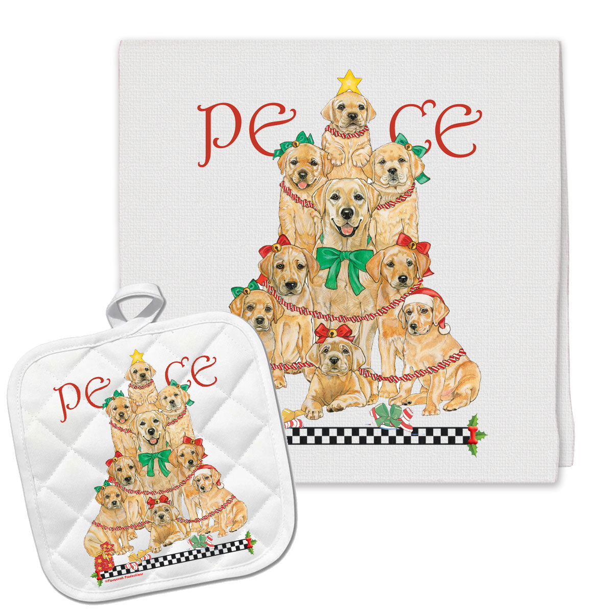 Labrador Retriever Yellow Lab Peace Tree Christmas Kitchen Towel and Pot Holder Gift Set - Pipsqueakproductions
