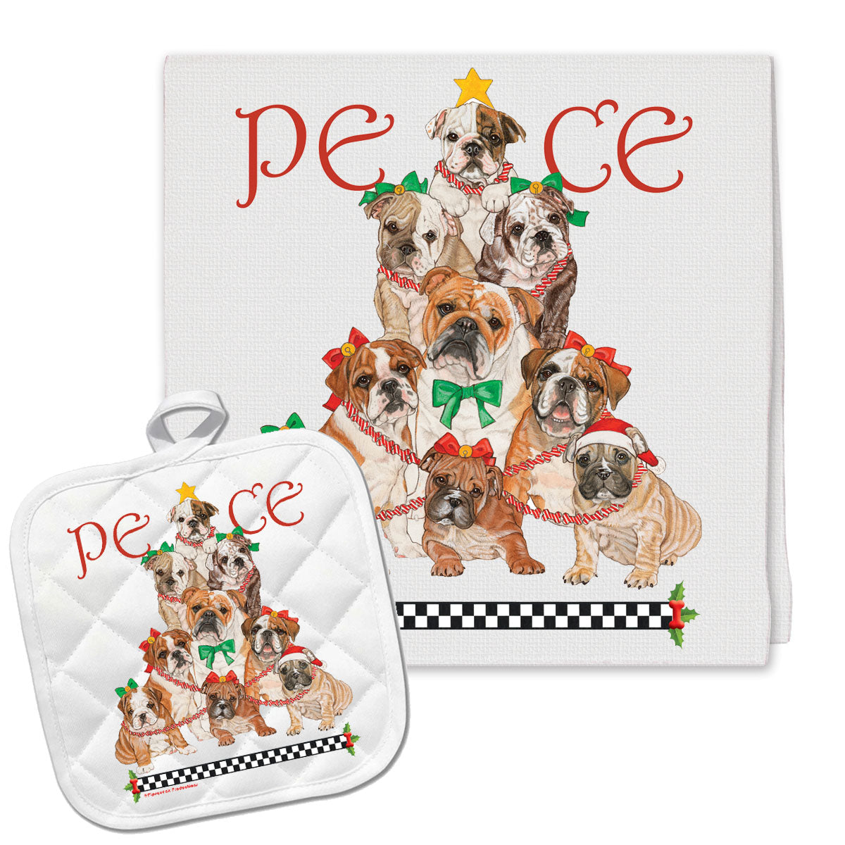 Bulldog Peace Tree Christmas Kitchen Towel and Pot Holder Gift Set - Pipsqueakproductions