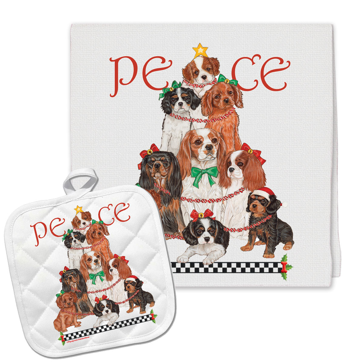 Cavalier King Charles Peace Tree Christmas Kitchen Towel and Pot Holder Gift Set - Pipsqueakproductions