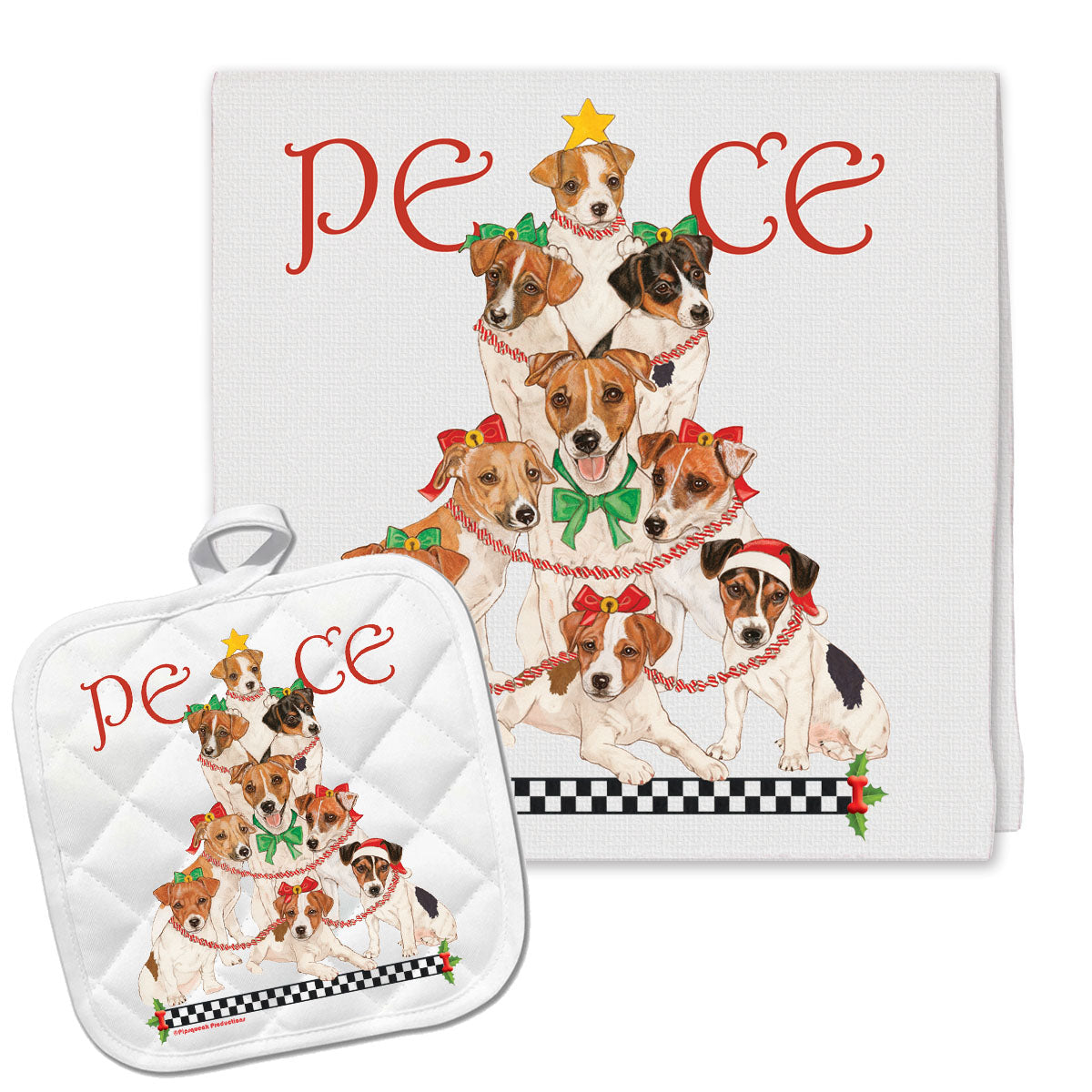 Jack Russell Terrier Peace Tree Christmas Kitchen Towel and Pot Holder Gift Set - Pipsqueakproductions