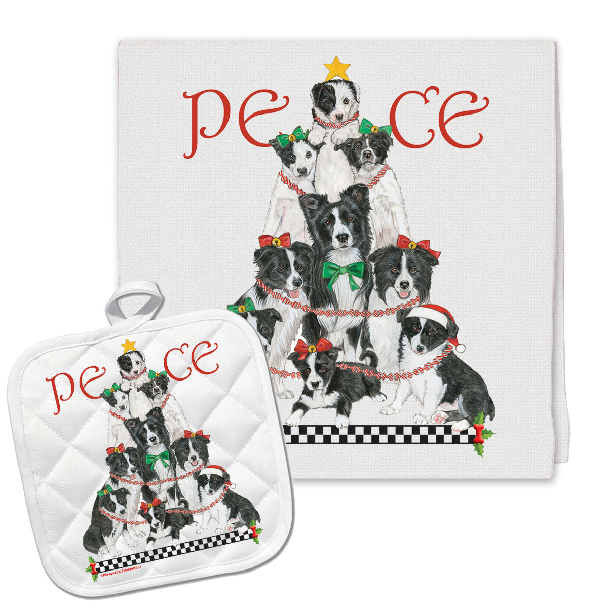 Border Collie Peace Tree Christmas Kitchen Towel and Pot Holder Gift Set - Pipsqueakproductions