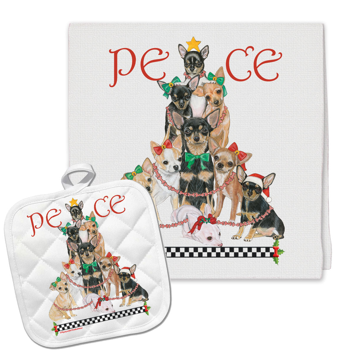 Chihuahua Peace Tree Christmas Kitchen Towel and Pot Holder Gift Set - Pipsqueakproductions