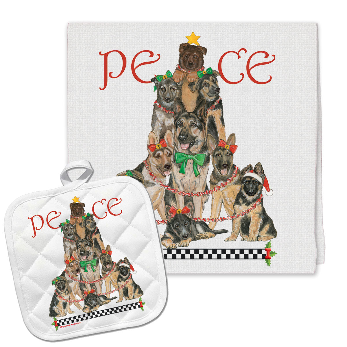 German Shepherd Peace Tree Christmas Kitchen Towel and Pot Holder Gift Set - Pipsqueakproductions
