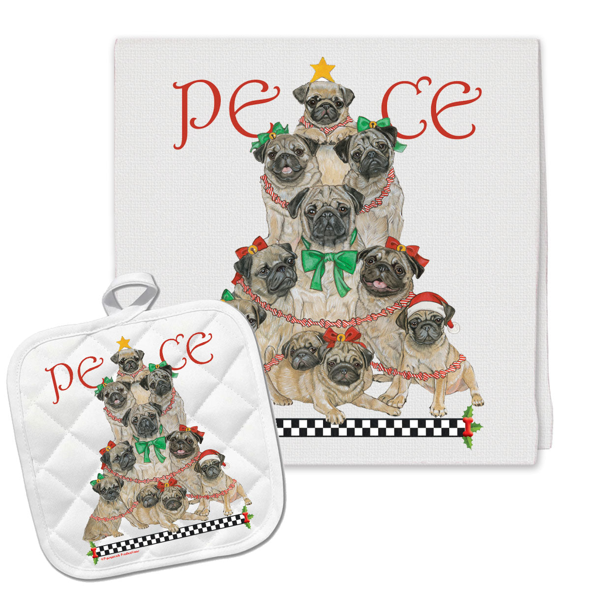 Pug Peace Tree Christmas Kitchen Towel and Pot Holder Gift Set - Pipsqueakproductions