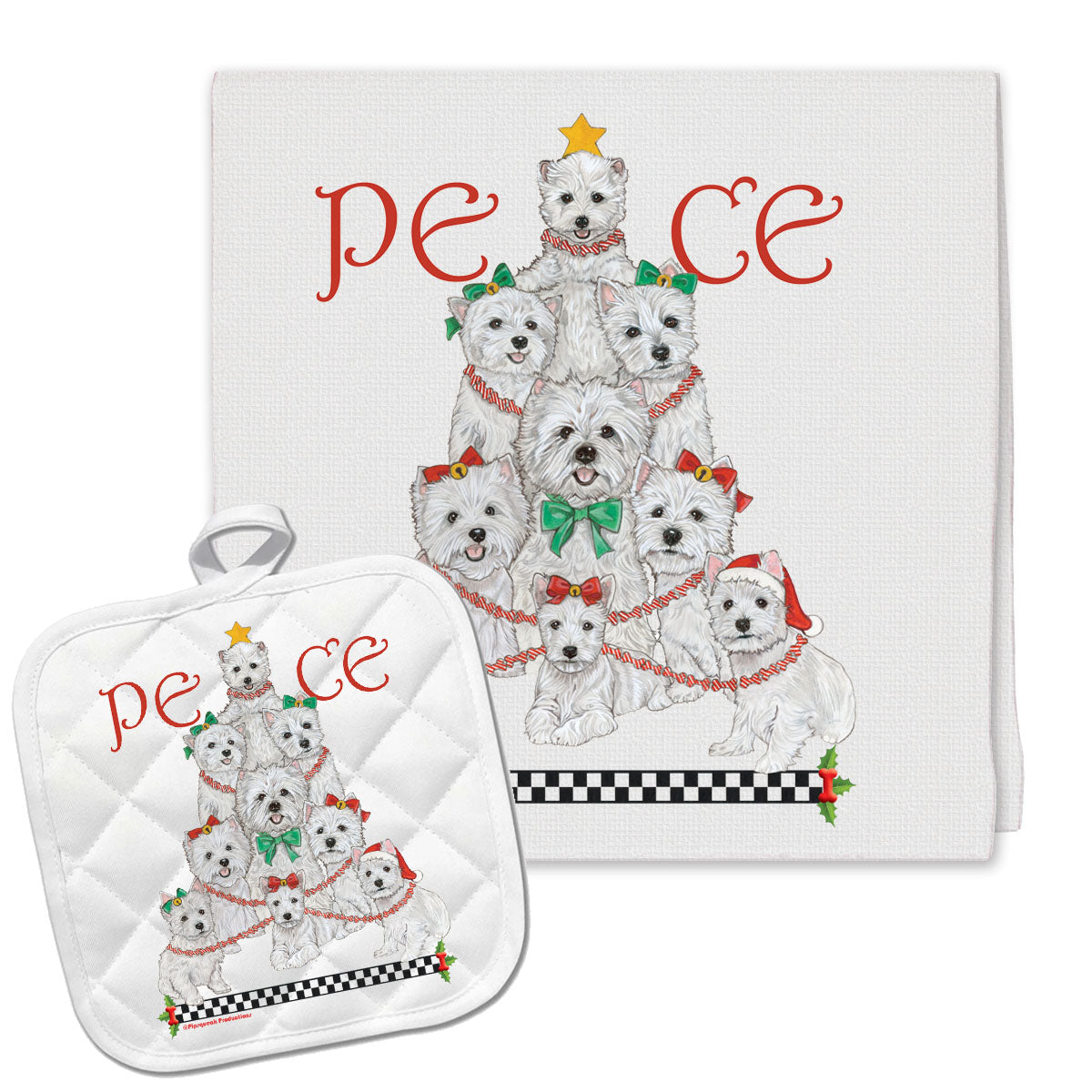 West Highland Terrier Westie Peace Tree Christmas Kitchen Towel and Pot Holder Gift Set - Pipsqueakproductions