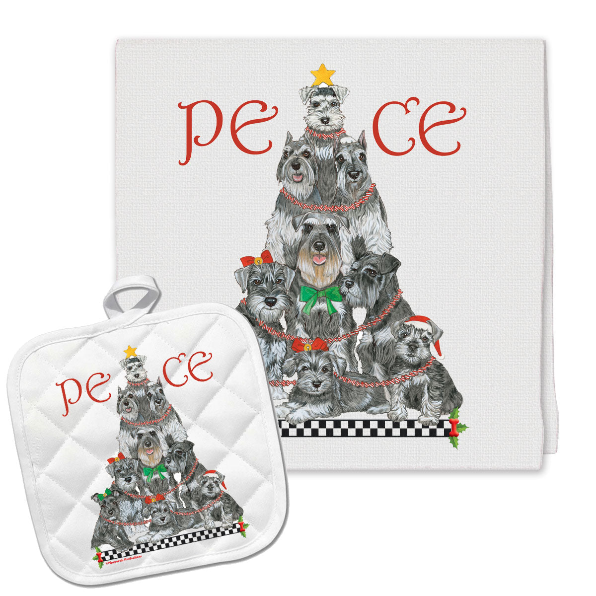 Schnauzer Peace Tree Christmas Kitchen Towel and Pot Holder Gift Set - Pipsqueakproductions